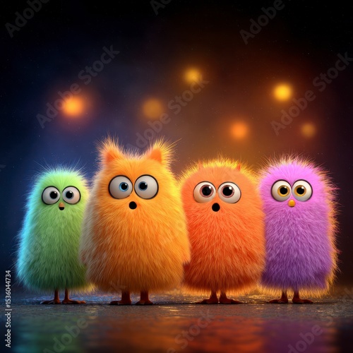 Cute Fluffy Monsters Lineup  Colorful 3D Render  Fantasy Characters  Adorable  Funny  Surp