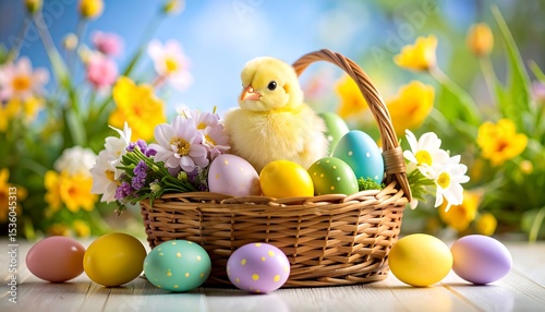 Easter chick in a basket of eggs