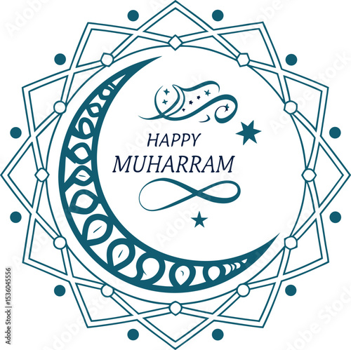 Elegant Geometric Arabesque Frame with Calligraphic Crescent for Happy Muharram Celebration
