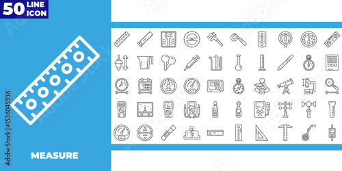 Containing scale, ruler, size, dimension, temperature and gauge line icon collection