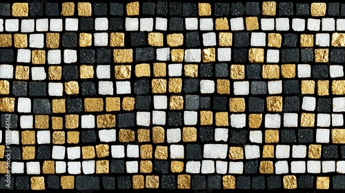 Ornate mosaic pattern of black, white, and gold squares.