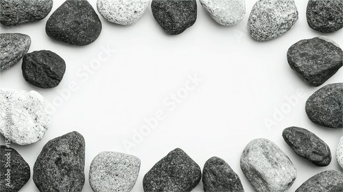Pebbles arranged in a frame on a white surface.