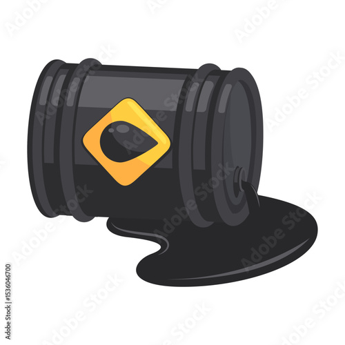 Vector Illustration of a Black Oil Barrel with Spilled Oil on White Background