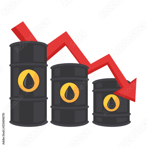 Declining Oil Prices Concept with Oil Barrels and Red Downward Arrow Indicating Market Trends and Economic Impact