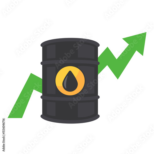 Vector Illustration of Oil Barrel with Upward Green Arrow Indicating Rising Prices and Economic Growth
