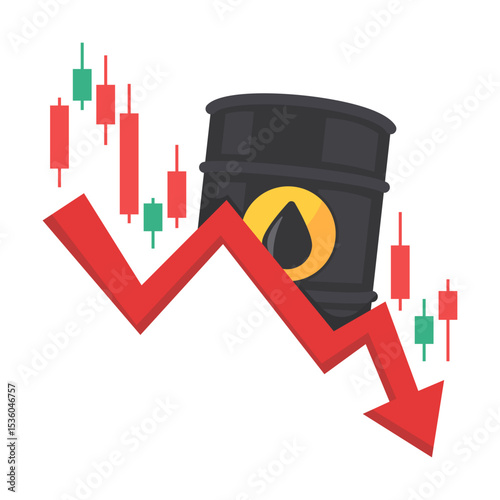 Oil Barrel with Downward Trend Arrow and Stock Market Candlestick Chart Illustrating Economic Decline