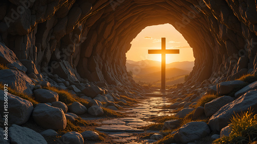 Empty tomb with the cross outside at sunrise on Easter, copy space for text, stock photo contest winner, beautiful background, photo of an empty cave,