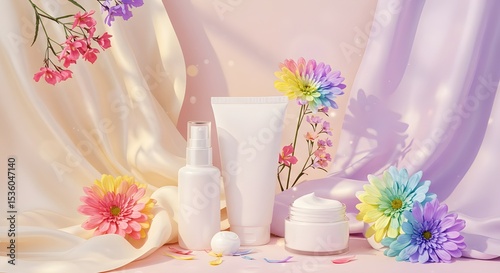 Wallpaper Mural Skincare Products with Vibrant Flowers and Soft Curtains for Spa-Inspired Aesthetic Torontodigital.ca