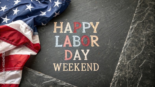 Happy labor day weekend chalkboard sign with american flag