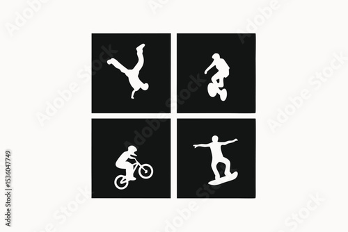 Extreme Sports Silhouettes BMX, Skateboarding, Snowboarding, and Parkour Action Icons