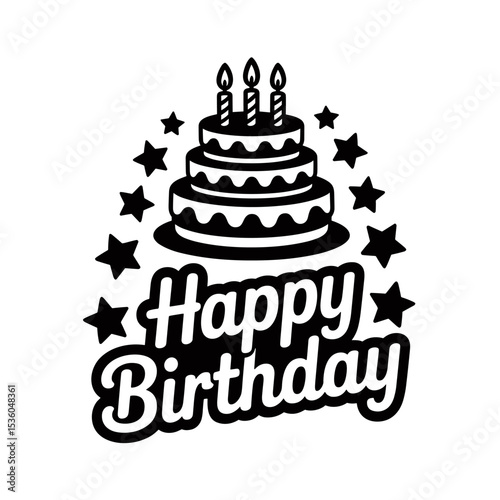 Vector Illustration of Happy Birthday Lettering with Cake, Candles, and Stars in Black and White