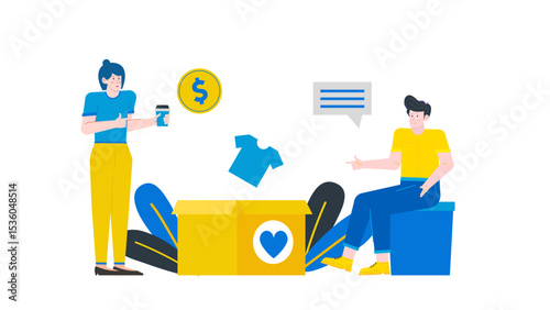 Two people donating clothes and money to a charity box. Perfect for social impact campaigns, fundraising events, donations concept.