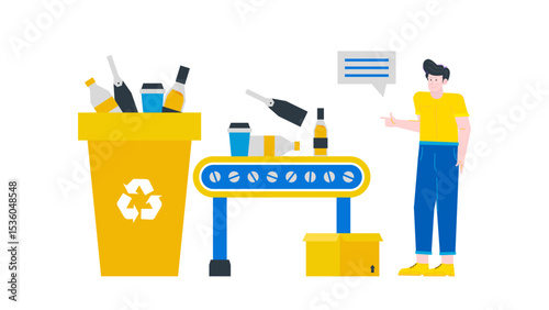 Man near recycling bins with bottle, cup, and phone. Suitable for environmental activism, waste management, and recycling campaigns.