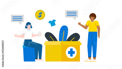 Two people donating to a charity box, showing generosity and support for a cause. Suitable for donation, charity, social issues.