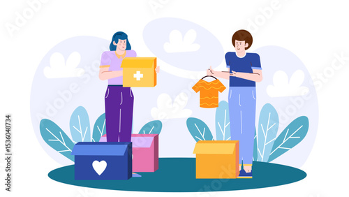 Two people donating a shirt and a box to charity. Suitable for fundraising, philanthropy, donation drive, help, support, kindness.