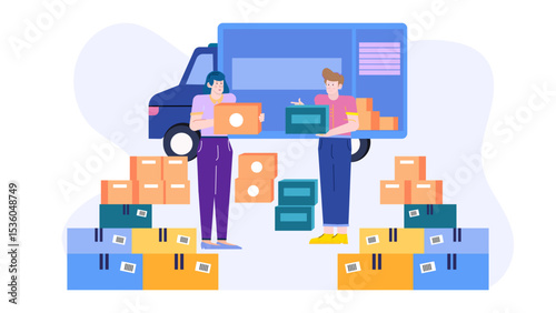 Two people loading boxes into a delivery truck. Suitable for courier service, moving company, delivery business, logistics concept designs.