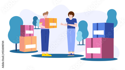 Two men holding boxes, teamwork concept, cargo delivery service, business partners, logistics, moving company advertisement, teamwork, partnership, collaboration theme.