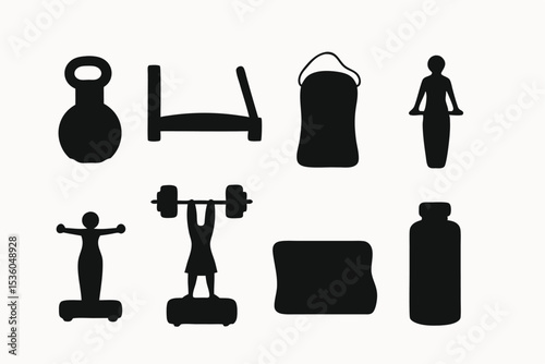 Fitness Equipment Icons Kettlebell, Bench, Towel, Jump Rope, Weights, Mat, Water Bottle, Workout Illustrations