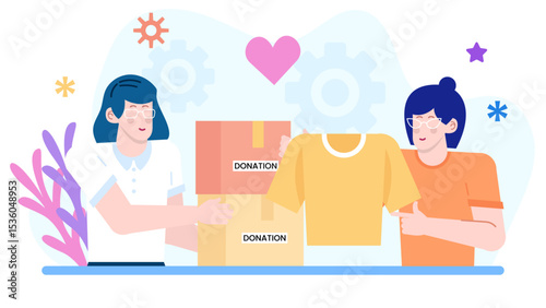 Two people donate clothing and boxes for a charitable cause. Generosity, giving back, charity, donation drive, volunteering, teamwork concepts.