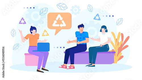 Three people discussing recycling in a fun cartoon style perfect for educational materials on sustainability and environmental awareness campaigns.