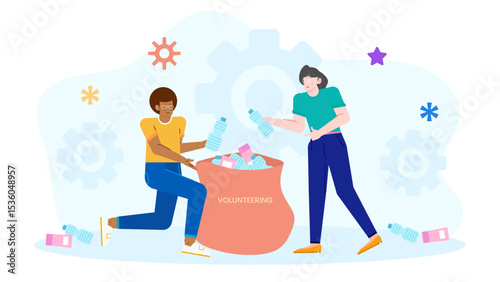 Two people volunteering to pick up plastic bottles. Suitable for environmental, conservation, volunteering, activism, community cleanup, ecofriendly concepts.