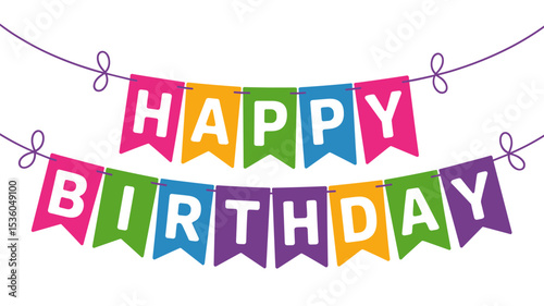 Happy Birthday Colorful Hanging Banner with Flags Vector Illustration