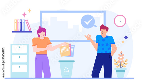 Woman tossing papers into a trash can as a man looks on. Suitable for concepts like teamwork, frustration, office life.