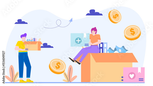 Two people donating items to charity for money, symbolizing generosity, altruism, helping others, financial support, community service concepts.