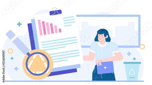 Woman holding a document, looking at a recycling bin. Eco concept, sustainability, paper waste management, environment friendly practices, office organization.