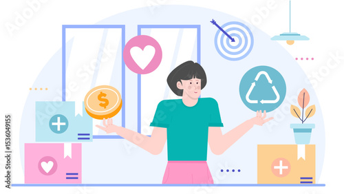 Woman holding a coin and a recycling symbol. Environmental conservation concept. Recycling, sustainability, ecofriendly, finance, green living, Eco conscious, budgeting, concept.