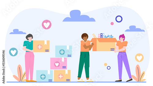 Three people carrying boxes with plus signs. Suitable for concepts of teamwork, collaboration, problem-solving, and positive impact projects.