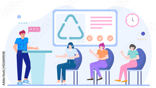 Presentation about recycling with a clock and four people, suitable for Eco conscious themed publications, educational materials, and sustainability reports.