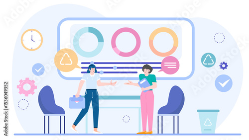 Two women in office viewing presentation. Suitable for business meetings, teamwork concepts, office environments, collaboration, and professional situations.