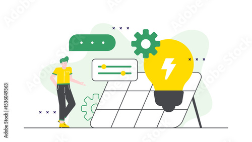 Man next to a solar panel with a lightbulb, showing ecofriendly energy solution. Environmentally conscious concept for renewable energy websites or blogs .