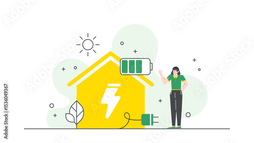 Woman pointing at a yellow house with full battery, presenting ecofriendly home concept. Suitable for real estate and sustainable living content.