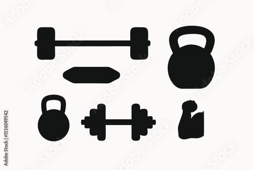 Fitness Equipment Icons Barbell, Kettlebells, Dumbbells, Weightlifting
