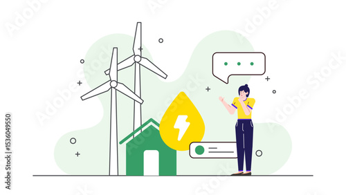 Woman near a house with two windmills for ecofriendly concepts, rural living, sustainable lifestyle, renewable energy, green tourism, countryside landscapes.