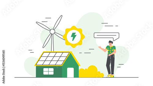 Man in front of house with solar panels and windmill. Suitable for renewable energy, sustainable living, ecofriendly concepts in marketing materials.