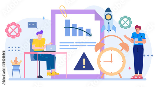 Two men analyzing document with graph, alarm clock and rocket. Suitable for presentations, business articles, entrepreneurship concepts, and time management themes.