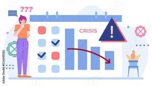Woman looks perplexed at a graph illustrating a crisis. Perfect for illustrating confusion, financial issues, market trends, and response strategies.
