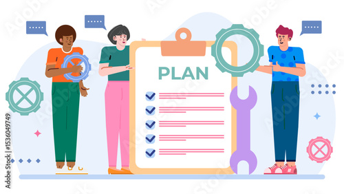 Three people discussing objectives with checklist, ideal for business teamwork, project management, planning, collaboration, goalsetting, strategy development concepts.