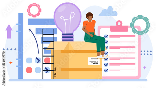 Person sits on a box with a lightbulb on top, showing creative thinking, brainstorming, and idea generation concepts. Suitable for business and innovation themes.