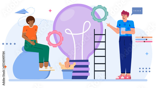 Conceptual business innovation symbol with two individuals near a large light bulb. Ideal for creativity, brainstorming, entrepreneurial ideas, teamwork concepts.