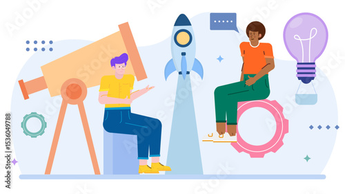 Two people gaze at a rocket with a glowing lightbulb, perfect for illustrating creativity, ambition, innovation, and science concepts.
