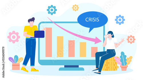 Two people reacting to a crisis chart. Perfect for illustrating financial, economic, or business challenges in presentations or articles.