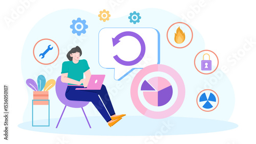 Woman sitting using laptop in a chair. Suitable for technology, remote work, blogging, online learning, and freelance business concepts.