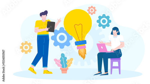 Two people collaborating on a project concept, brainstorming ideas. Suitable for teamwork, creativity, collaboration, business, innovation concepts.