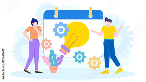 Innovation and planning concept with two individuals near a calendar, lightbulb, and gears. Suitable for business planning and creativity.