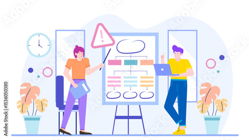 Two people standing in front of a whiteboard, suitable for education, teamwork, business presentations, brainstorming, and collaboration concepts.