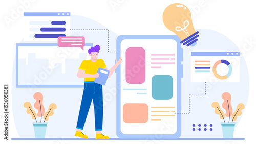 Man presenting a mobile app idea, suitable for technology presentations, startup pitches, business concepts, entrepreneurship websites, and app development blogs.